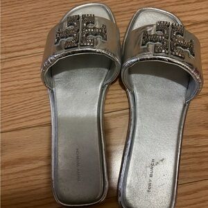 Tory Burch Metallic Silver Slide Sandals
